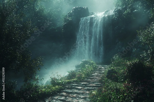 Forest trail winding through dense greenery with occasional patches of sunlight breaking through the misty canopy leading to a hidden waterfall photo