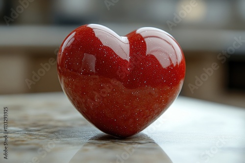 A red heart-shaped decorative object sits atop a table, perfect for romantic occasions or as a symbol of love photo