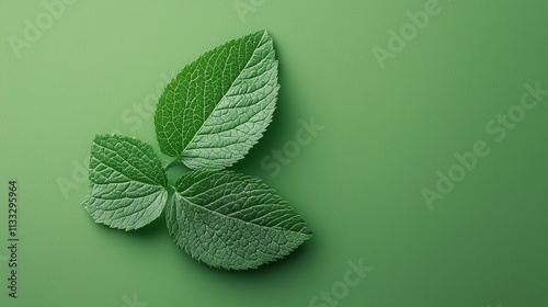 Mint leaves on vibrant green background with detailed texture photo