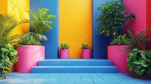 Colorful outdoor setup with large potted plants and vibrant walls photo