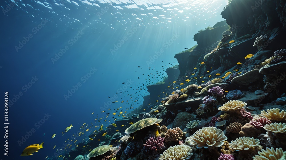 Obraz premium Majestic Underwater Cliffs with Vibrant Coral and Marine Life