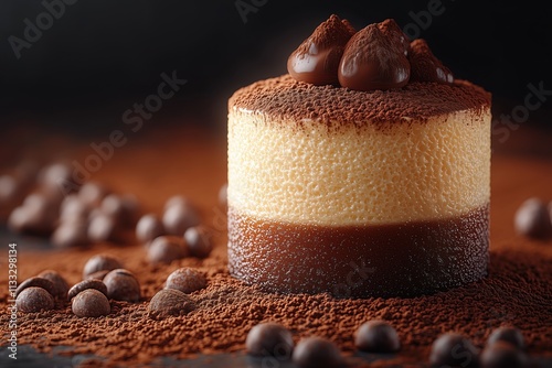 Decadent chocolate and coffee mousse cake with cocoa dusting and chocolate garnish photo