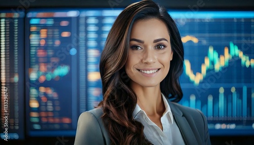 Impiegata donna mora, carina e sorridente sta davanti ad un monitor che proietta grafici sfocati di bilanci aziendali. Immagine realistica e dettagliata photo