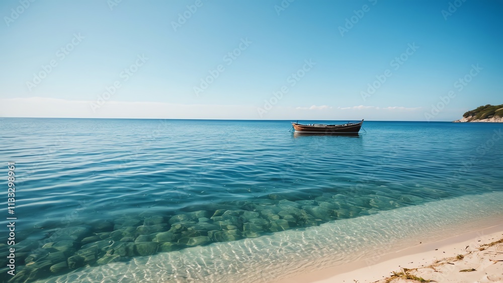 Obraz premium Idyllic Seashore Scene with a Small Boat on Calm Waters