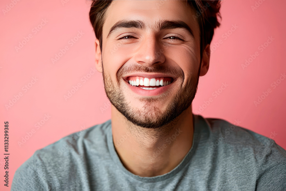 Fototapeta premium Portrait of a beautiful young man smiling on pink background