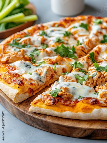 Delicious barbecue chicken pizza with fresh herbs and melting cheese