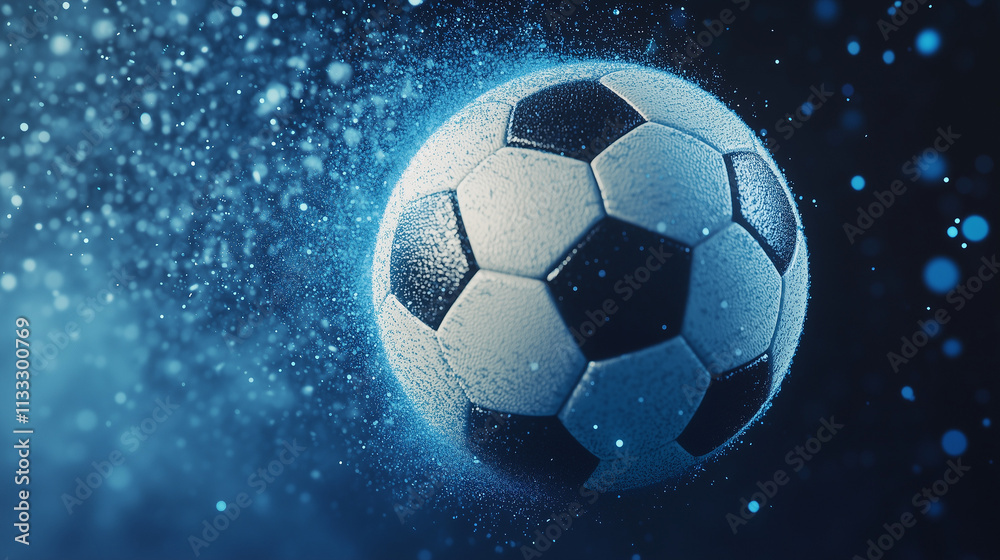 Naklejka premium Soccer ball in motion surrounded by glowing blue particles and dynamic water splashes