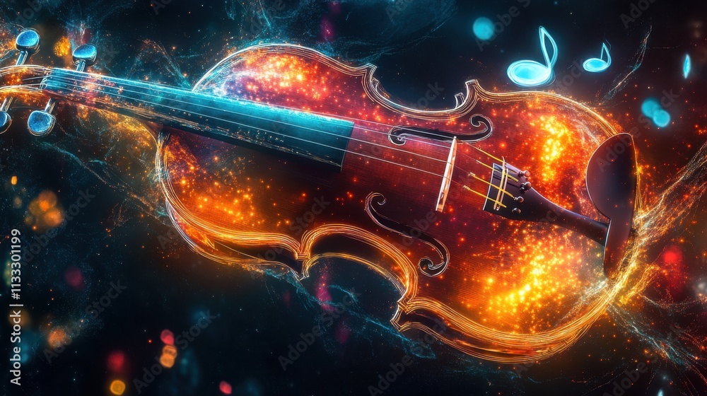 Fototapeta premium Electric violin with holographic notes, surreal, dark background