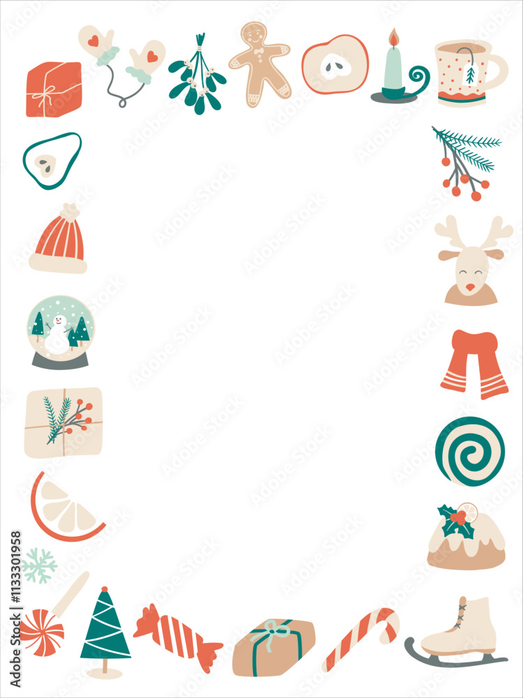 Fototapeta premium Greeting card with Christmas collection symbols frame. Happy New Year flat vector decorative elements on white backtround. 