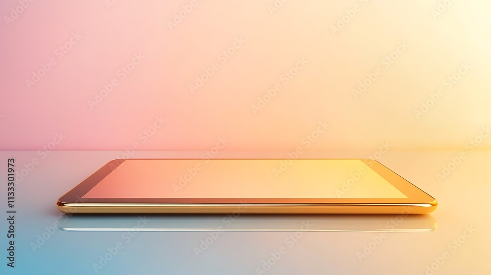 15. A gold-colored tablet with a smooth, reflective screen, lying flat on a desk with a subtle gradient background