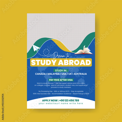 educational editable print flyer or poster template for Study abroad, student visa application, university admission poster, online learning flyer, poster, language learning vertical flyer, leaflet