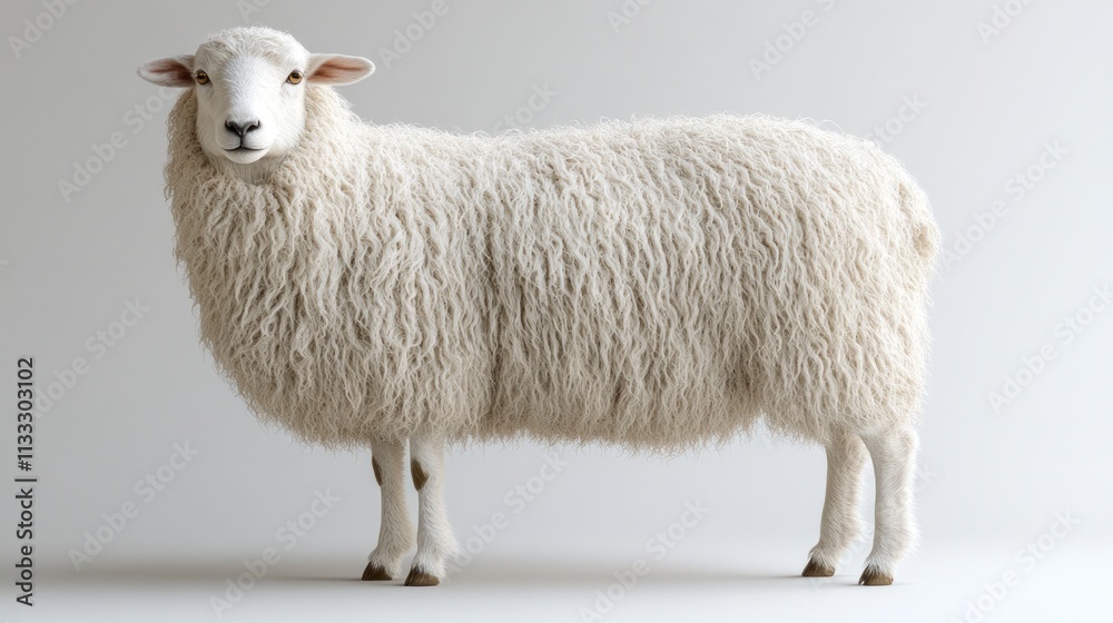 Fototapeta premium Fluffy white sheep standing on white background. (1)