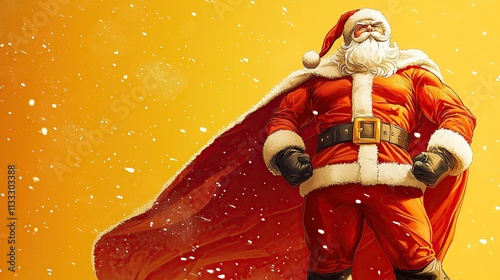 Heroic Santa Claus as a superhero in a festive cape, with falling snow, striking a powerful pose on a yellow background. Perfect for comic-style festive visuals.