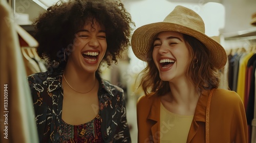 Two happy women laughing together in a clothing store