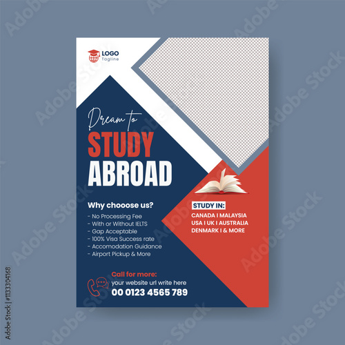 Study abroad editable print flyer or poster template, student visa application poster, education or online learning leaflet or brochure cover template design