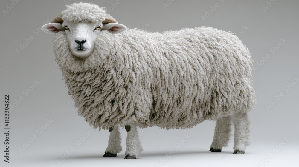 Fototapeta premium Fluffy white sheep, standing pose, studio shot.