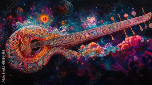 Obraz na płótnie Floating sitar in cosmic background, intricate patterns, dark background