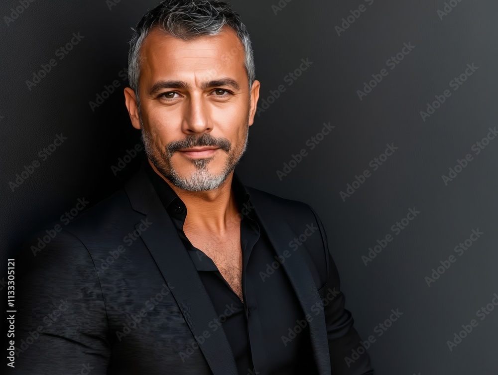 Obraz premium A man in a black suit leaning against a wall