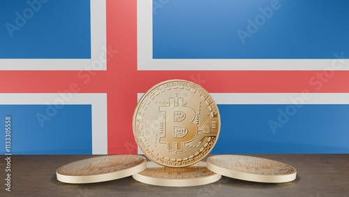 Golden bitcoin coin in front of the Iceland flag, symbolizing cryptocurrency and digital finance in Iceland, representing blockchain innovation and financial technology in a patriotic context photo