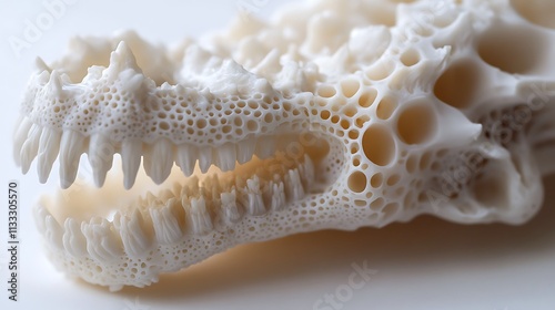 28. A close-up of an animal's jawbone, showing teeth and intricate details, on a white background