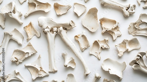 26. A set of fragmented bones, such as shards of a broken femur, arranged artistically on a white surface photo