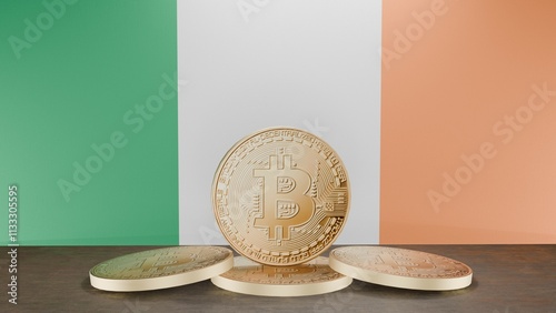 Golden bitcoin coin in front of the Irish flag, symbolizing cryptocurrency and digital finance in Irish, representing blockchain innovation and financial technology in a patriotic context photo