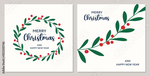Merry Christmas and happy new year concept with berries and wreath, minimal illustarion, greeting card set, background for holidays