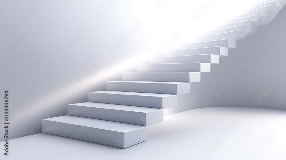 Fototapeta premium 30. A staircase with sleek white steps illuminated by soft ambient light, creating a serene effect on a white background
