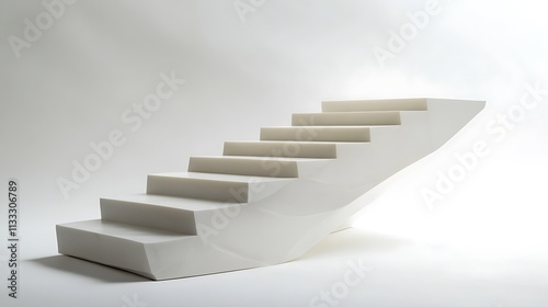 30. A staircase with sleek white steps illuminated by soft ambient light, creating a serene effect on a white background