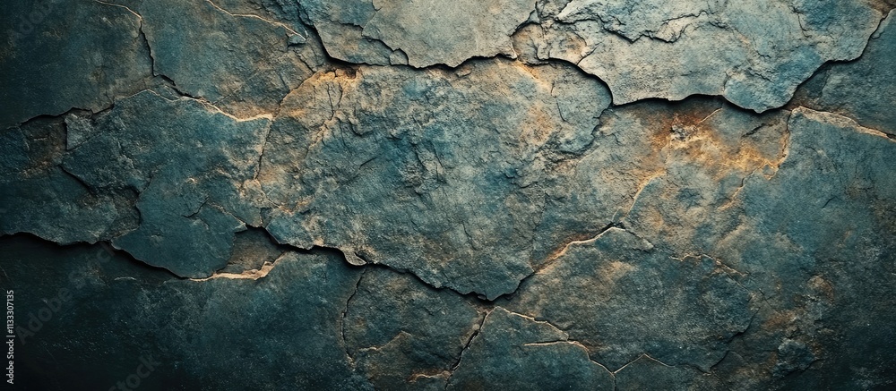 Obraz premium Dark Textured Stone Wall Background, Deep Teal and Brown Hues, Rough Surface, Cracked Pattern