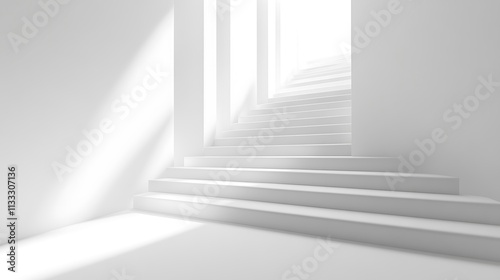 24. A staircase with alternating white and light gray steps, set against a stark white background