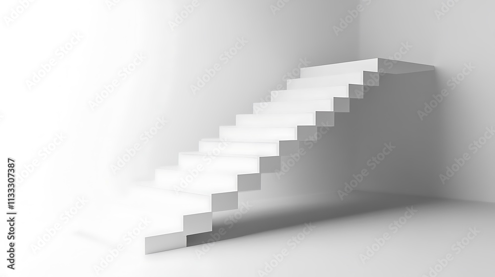16. A minimalist staircase with geometric white steps arranged in a straight line against a white background 16. A minimalist staircase with geometric white steps arranged in a straight line against a white background