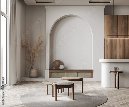 Aesthetic elegant minimalist modern interior design. Clear mock up empty wall for decoration in the apartment. Copy space in the room. Neutral palette of natural colors.