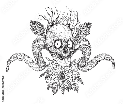 Surrealistic skull with flowers and horns
