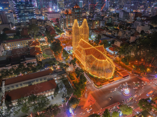 Aerial view of Notre Dame Cathedral or Duc Ba church, special worship place in central of Ho Chi Minh city. Before Christmas Day in Vietnam. photo