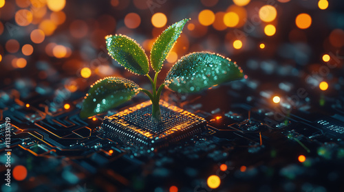 Green Technology Concept: Plant Growing on a Microchip photo