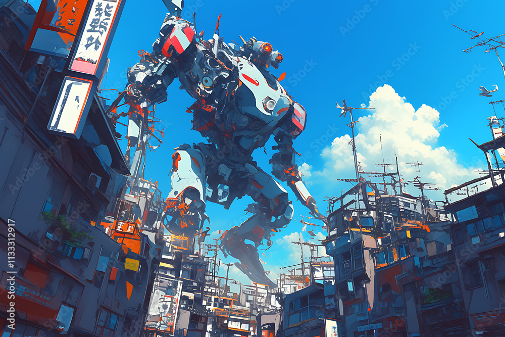 Fototapeta premium A giant robot looms over a futuristic cityscape filled with buildings and antennas.