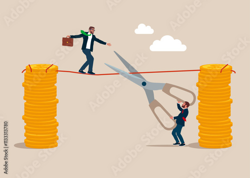 Acrobat businessman walks from one stack of coins to another along a tight rope, meanwhile a competitor with scissors is cutting the rope. Overcome difficulty. 