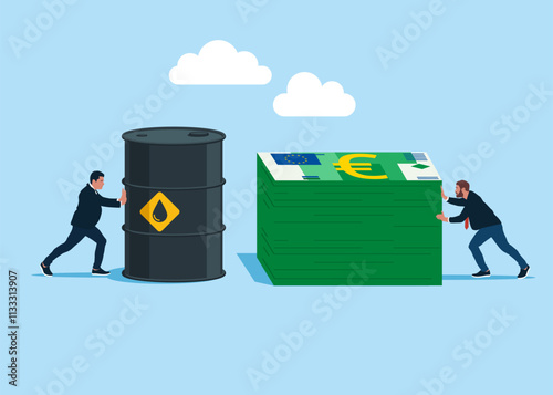 Businessman buys сrude oil in euro. Partner holding oil barrel. Sale of petroleum products and fuels. Modern flat vector illustration