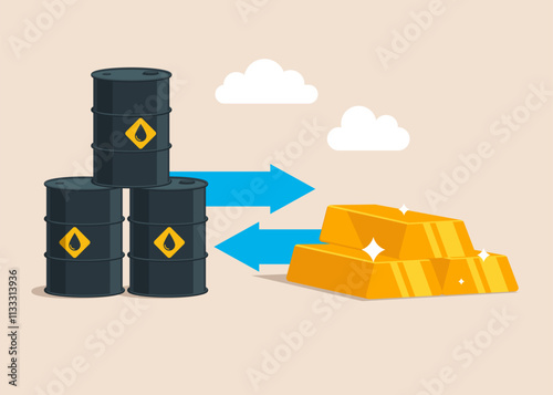 Gasoline barrel. Oil market. Illegal sale of oil. Changing investment in oil and gold bar bullion market. Wealth management and asset allocation. Modern flat vector illustration