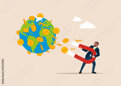 Businessman using a magnet attract money from around the world. Path to a millionaire. Modern flat vector illustration