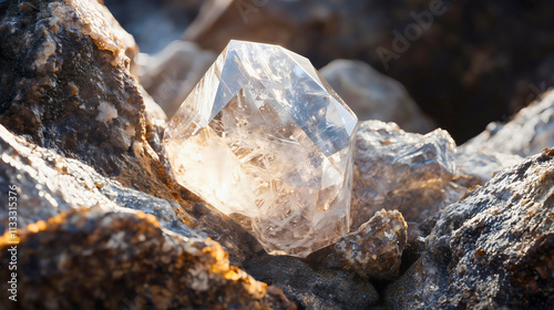 A large diamond found in a mine for diamond extraction, a diamond embedded in rock, a beautiful diamond used in various industries.