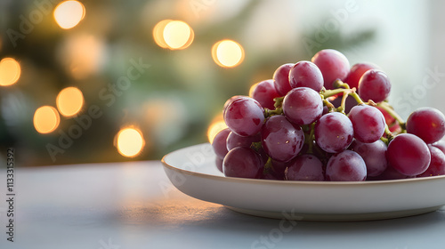 grapes on a white plate a New Year's Eve tradition with a Christmas background