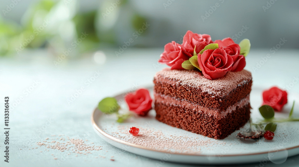 Chocolate cake topped with roses on a plate. valentine concept Chocolate cake topped with roses on a plate. valentine concept