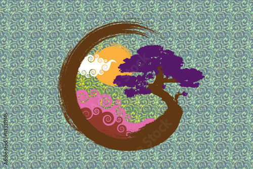 Japanese landscape on Enso Zen Circle, Bonsai Tree and big red sun, hand-drawn with colorful ink in traditional oriental style sumi-e, Vector logo design in Paint Brush art design, vintage background
