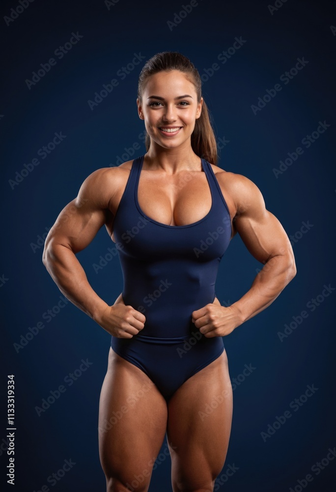 Fototapeta premium Muscular female athlete in a navy sports outfit
