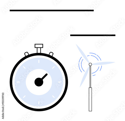 Stopwatch and windmill set against a minimalist backdrop. Ideal for sustainability, efficiency, time management, renewable energy, clean technology, conservation, eco-friendly practices. Line