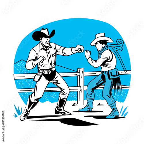 A vintage illustration of fighting cowboy