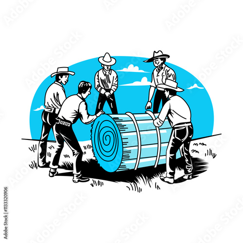 A vintage illustration of hay baling characters