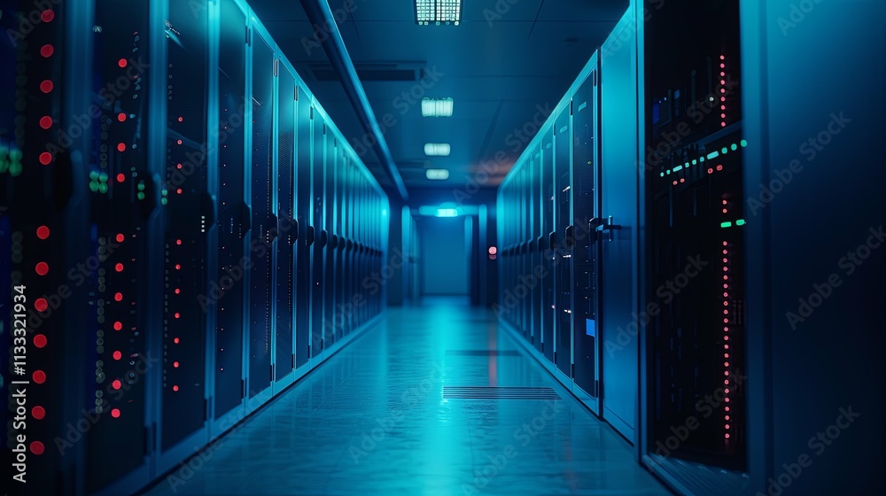 Fototapeta premium Illuminated Server Room Corridor: Rows of Data Storage Units in a Modern Data Center